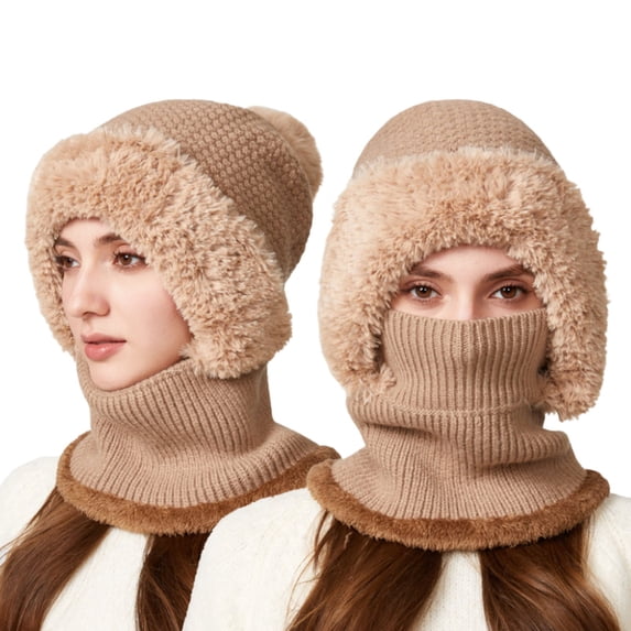 ChaoLingNeng 3 in 1 Beanie Hat with Scarf and Mask, 3 in 1 Beanie Hat for Women, Knitted Ski Scarf and Mask Set, Balaclava Hats