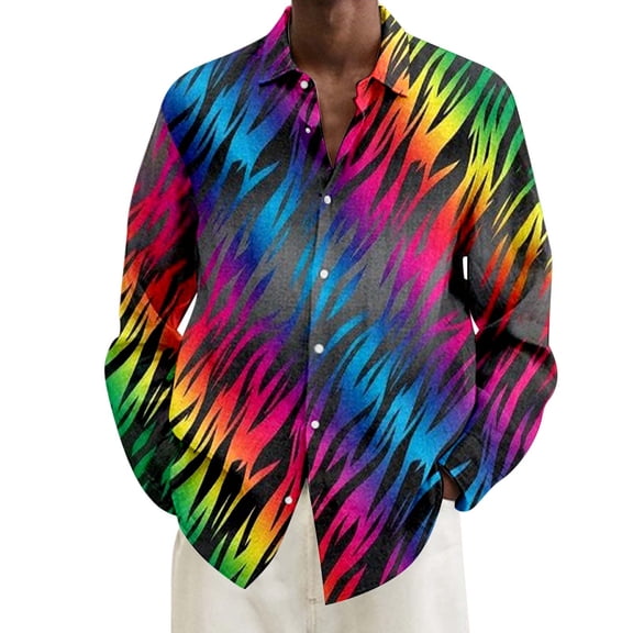 ChaoLingNeng Carnival Men Shirt,Men's Fashion Large Size Loose Casual Carnival Digital Print Lapel Long Sleeve Shirt,Mardi Gras Holiday Shirt for Men