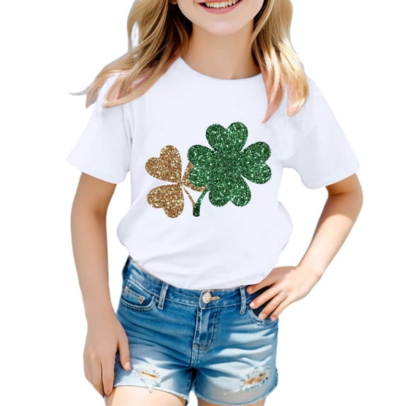 ChaoLingNeng Girls St Patricks Day Shirt Size 8 Clover Shamrock Printed Pattern Green Kids T Shirt Active Fit Funny Tees Lightweight Toddler Girl Summer Clothes