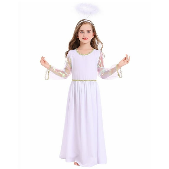 ChaoLingNeng Girls White Angel Dress for Christmas, Dress Halo Wings White Fancy Dress Up for Girls, Kids Princess Nativity Christmas Holiday Role Play Wear