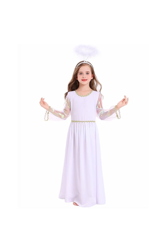 Girls White Angel Dress for Christmas, Dress Halo Wings White Fancy Dress Up for Girls, Kids Princess Nativity Christmas Holiday Role Play Wear