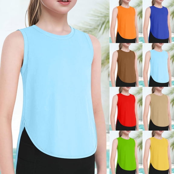 ChaoLingNeng Kids Girls Summer Athletic Solid Color Tank Tops Split Curved Hem Sleeveless Shirts for Gym Yoga Running