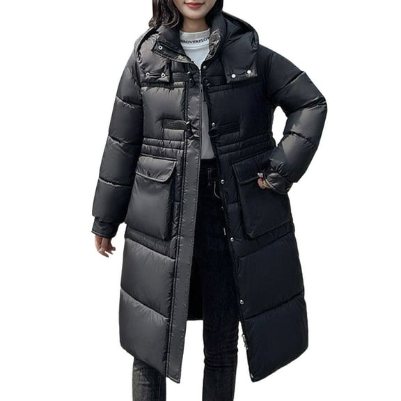ChaoLingNeng Long Puffer Jacket, Women Long Puffer Jacket Hood Winter Warm Windproof Ladies Quilted Padded Coat Big Pocket
