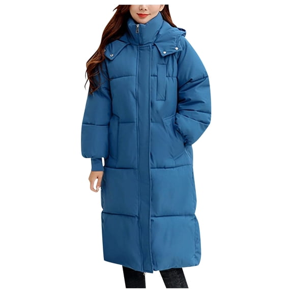 ChaoLingNeng Long Puffer Jacket, Women Long Puffer Jacket Hood Winter Warm Windproof Ladies Quilted Padded Coat Big Pocket
