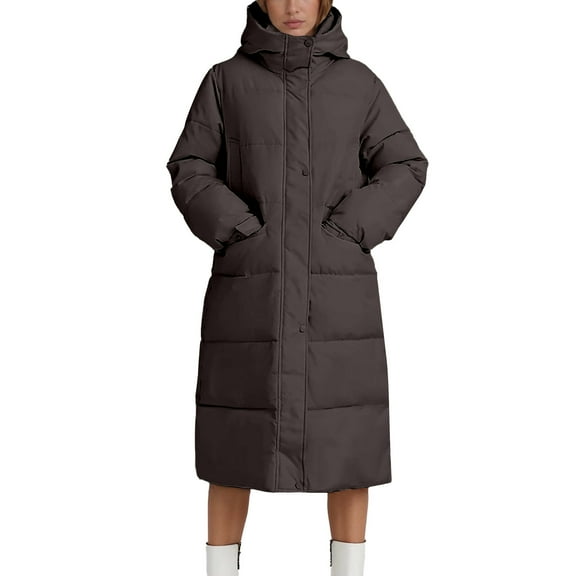 ChaoLingNeng Long Puffer Jacket, Women Long Puffer Jacket Hood Winter Warm Windproof Ladies Quilted Padded Coat Big Pocket