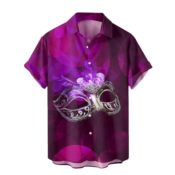 ChaoLingNeng Mardi Gras Shirts,Mens Digital 3D Printed T Shirt Short Sleeved Shirt Top Lapel,Holiday Mardi Gras Button Up Shirt for Men
