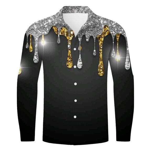 ChaoLingNeng Mens Shirt Sequin Button Down Top Mens Party Shirt,Men's Fashion Casual Plus Size Loose Carnival Digital Print Lapel Long Sleeve Shirt,Mardi Gras Holiday Shirt for Men