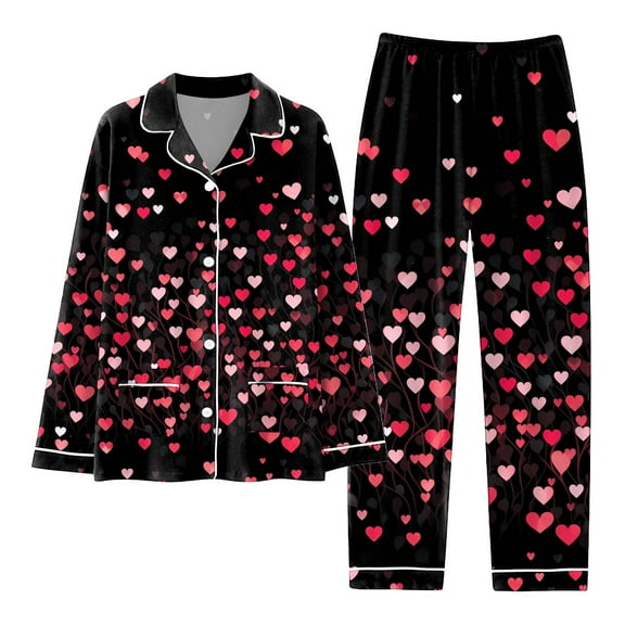 ChaoLingNeng Pajama Sets for Women, Valentine's Day Women's Pajama Sets Cute Pink Heart Print Pjs Sets Button Down Shirt Top and Pants 2 Piece Sets Sleepwear