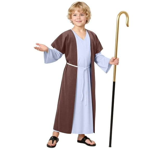 ChaoLingNeng Saint Shepherd Outfit for Kids Christmas Biblical Nativity Set for Boys with Robe & Headpiece Green White Striped Tunic Dress Up for Children