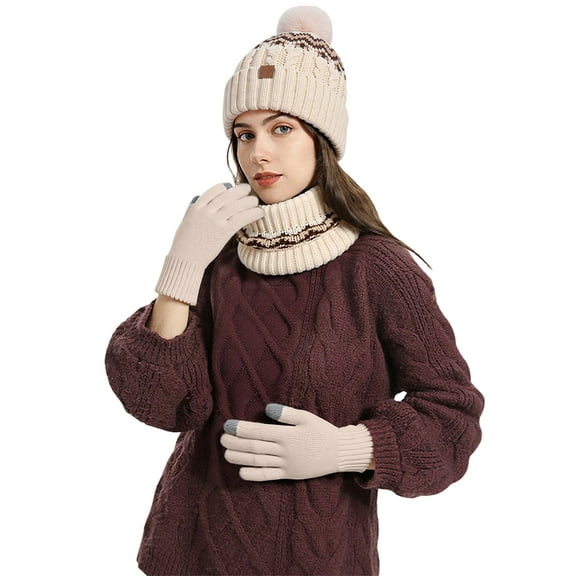 ChaoLingNeng Winter Beanie Hat Scarf Gloves Set for Women, Womens Beanie with Pom Long Scarf Neck Warmer Touchscreen Gloves 3 in 1 Set