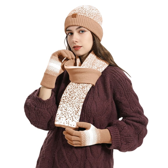 ChaoLingNeng Winter Beanie Hat Scarf Gloves Set for Women, Womens Beanie with Pom Long Scarf Neck Warmer Touchscreen Gloves 3 in 1 Set