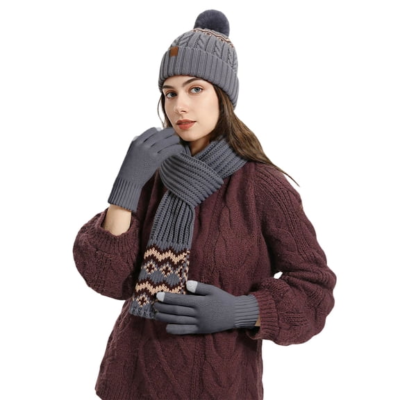 ChaoLingNeng Winter Beanie Hat Scarf Gloves Set for Women, Womens Beanie with Pom Long Scarf Neck Warmer Touchscreen Gloves 3 in 1 Set