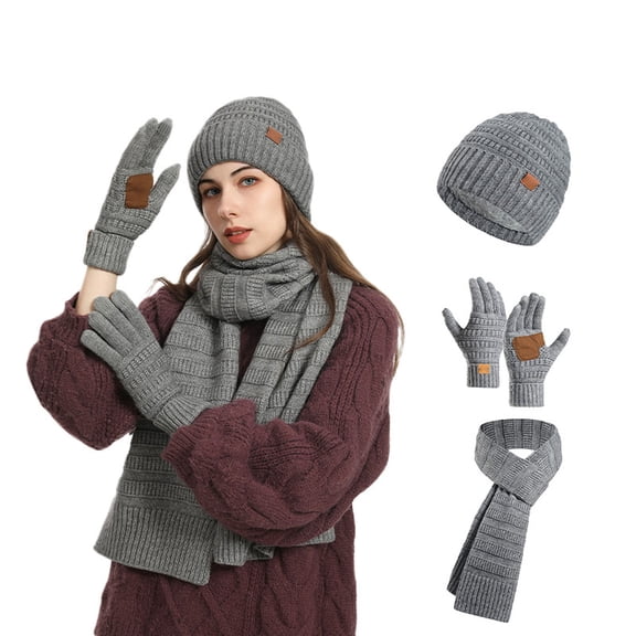 ChaoLingNeng Winter Beanie Hat Scarf Gloves Set for Women, Womens Beanie with Pom Long Scarf Neck Warmer Touchscreen Gloves 3 in 1 Set