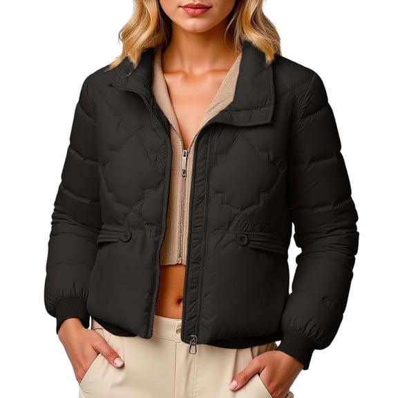 ChaoLingNeng Winter Puffer Coats for Women, Women Short Puffer Jackets Winter Cropped Puffy Coat Full Zip Stand Collar Outerwear with Pockets
