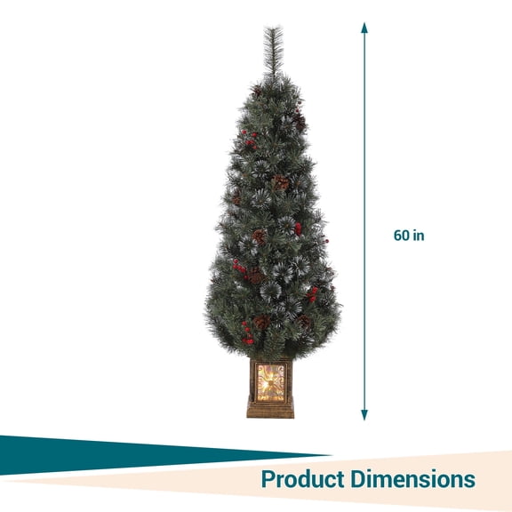 ChaoLink (108LED -C) 4.5FT Artificial Christmas Tree, Pre-Lit Snow Flocked Christmas Tree, Potted Holiday Xmas Tree , Light Box, Red Berry Clusters for Home Decoration