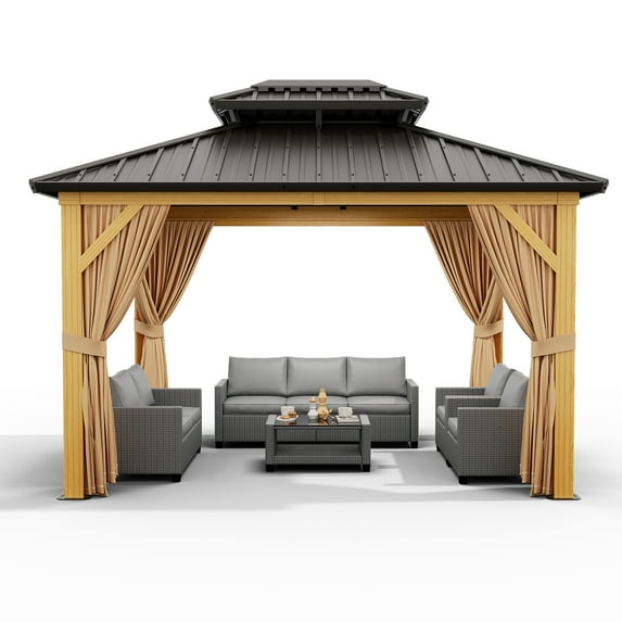 ChaoLink 10x12ft Hardtop Gazebo Double Roof with Nettings and Curtains,Aluminum Frame,Wood Grain Heavy Duty Galvanized Steel Outdoor Combined