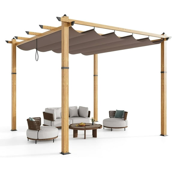 ChaoLink 10x13 Ft Outdoor Retractable Pergola with Sun Shade Canopy,Heavy-Duty Canopy Pergola Kits ,Wood Grain Metal Patio Gazebo for Garden,Porch Beach,Grape Trellis