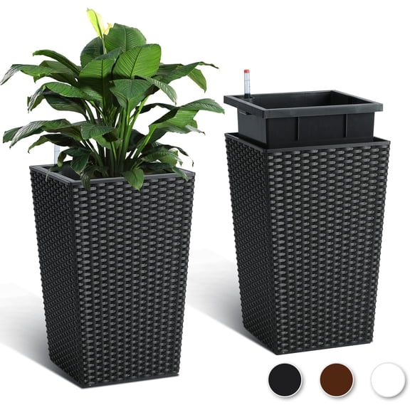 ChaoLink 16 Inch Tall Planter Set of 2 Large Rattan Flower Pot with 2 Trays & a Water Level Monitor & Wheels Outdoor and Indoor for Patio, Porch, Living Room, or Home Office, Black black