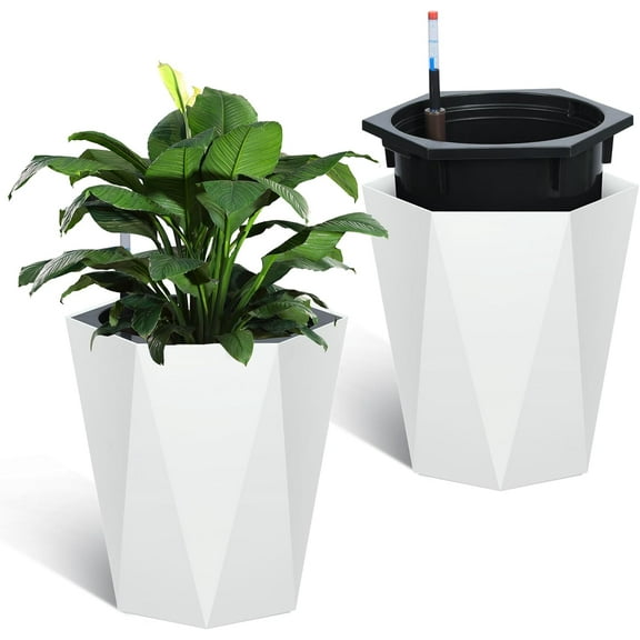 ChaoLink 16" Tall Diamond Planters Set of 2, Medium Flower Pots for Outdoor Indoor Use, Water Level Monitor, Wheels