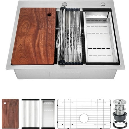 ChaoLink 25x22" Stainless Steel Drop-In Kitchen Sink, 16 Gauge Deep Single Bowl, Top Mount with Accessories