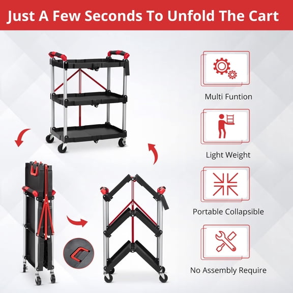 ChaoLink 3-Tier Portable Folding Service Cart with 56 Lbs Load Capacity - Suitable for Office, Warehouse, and Home