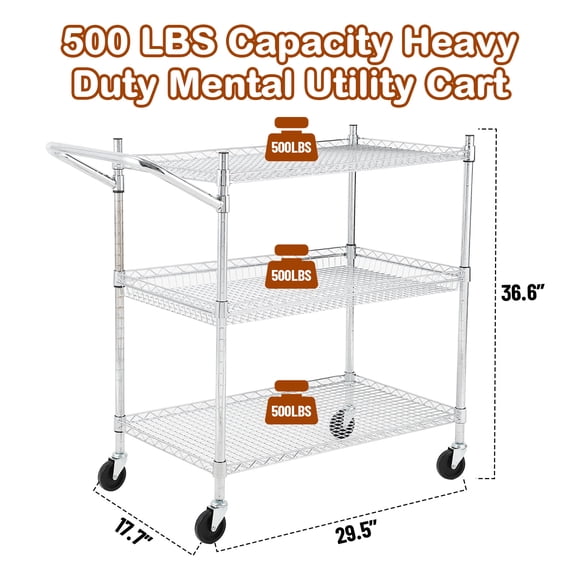 ChaoLink 3-Tier Stainless Steel Rolling Utility Cart with Wheels, Multi-Purpose Storage Rack for Laundry, Garage, Bathroom