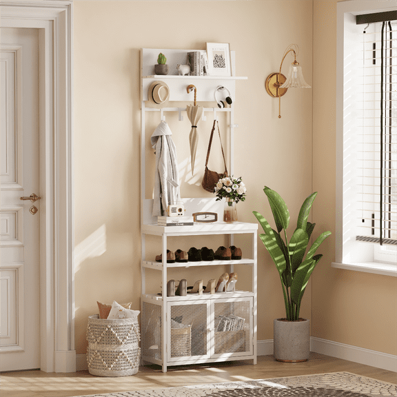 ChaoLink 31.5" Hall Tree Entryway Table with Coat Rack, 2-Tier Storage Console Table & Shoe Rack Organizer with 7 Hooks, Mesh Cabinet