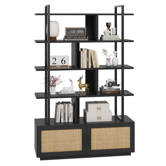 ChaoLink 5 Tier Rattan Bookshelf with Storage Cabinet & Door, 71.1 Inch Tall Industrial Book Shelf with Open Display Shelves, 5 Shelf Bookcaseblack