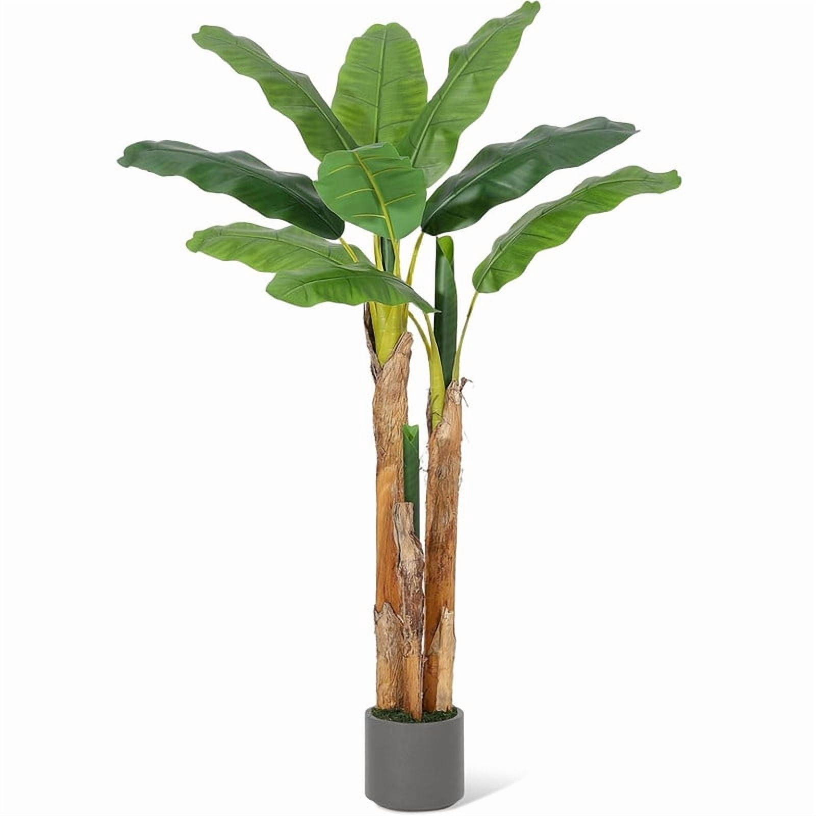 ChaoLink 5FT Artificial Banana Tree with Grey Planter, 11 Faux Banana Leaves, Indoor Plant Decor