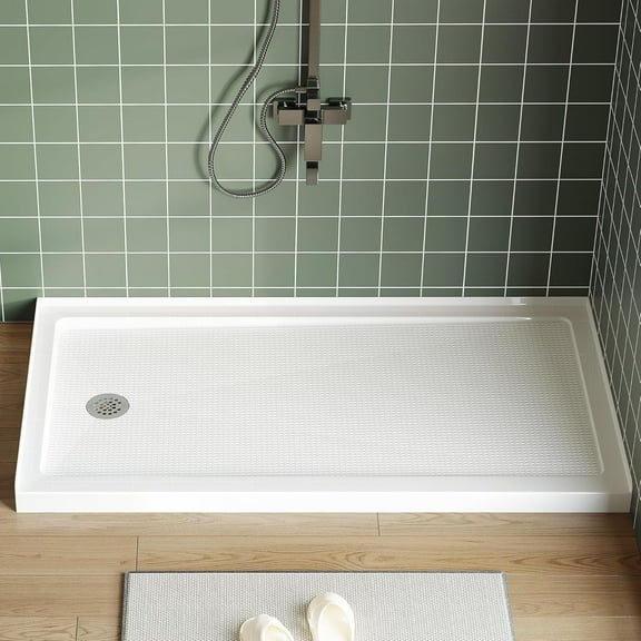 ChaoLink 60x32 Inch Right Drain Shower Pan – Lightweight ABS Single Threshold Base with Non-Slip Textured Surface & Drain Kit Easy Install