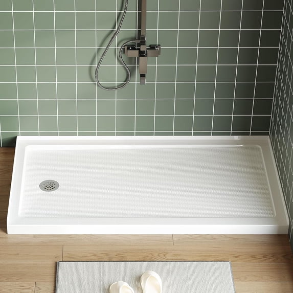 ChaoLink 60x32 Inch Right Drain Shower Pan – Lightweight ABS Single Threshold Base with Non-Slip Textured Surface & Drain Kit Easy Install