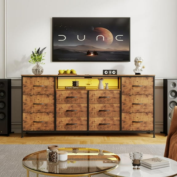 ChaoLink 63" Modern Dresser TV Stand, 12 Drawer Fabric Chest with Charging Station & LED Lights, Entertainment Center