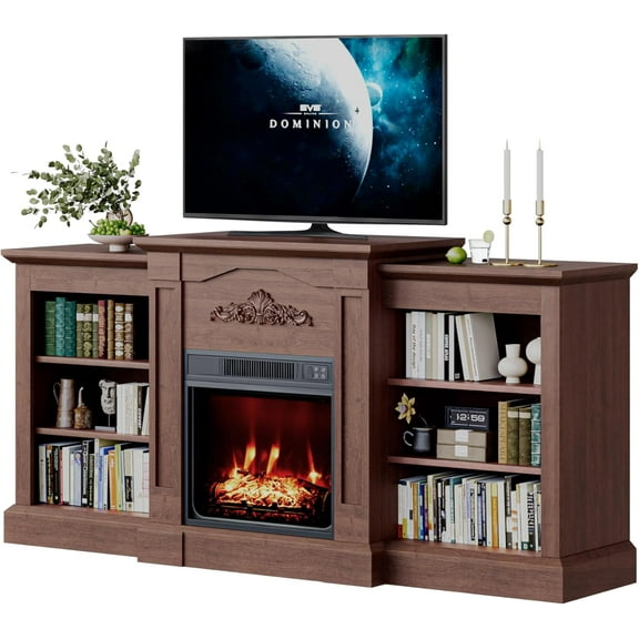 ChaoLink 67" Farmhouse Fireplace TV Stand for 80" TVs, Rustic Media Console with 23" Electric Fireplace Heater, Open Shelves & Cabinets