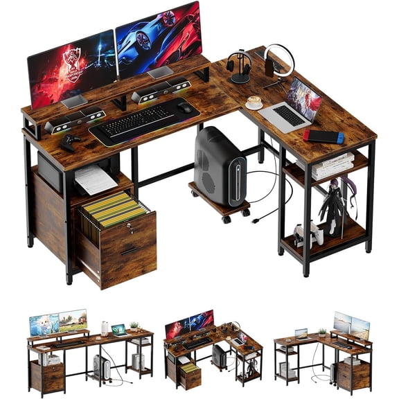 ChaoLink 67" L-Shaped Computer Desk with File Drawer, Power Outlet, Dual Monitor Stands, Adjustable Shelf, Gaming Office Desk