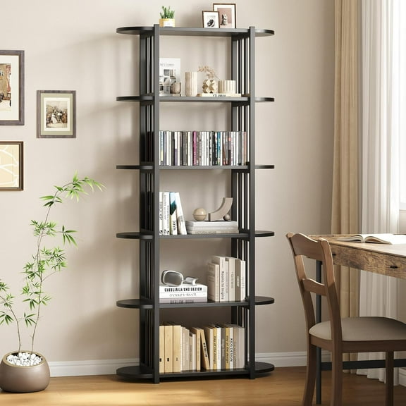 ChaoLink 71" 6-Tier Industrial Bookshelf, Freestanding Metal & MDF Bookcase, Tall Storage Shelf for Living Room, Office
