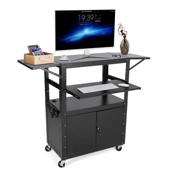 ChaoLink AV Cart with Pullout Keyboard Tray, Locking Cabinet, Mobile Utility Cart with Power Outlet, Extra Storage