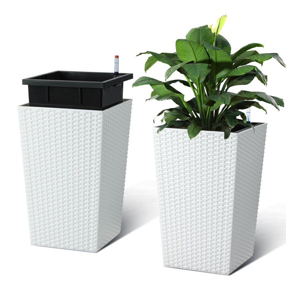 ChaoLink Blumentopf 2er Set, 41cm Polyrattan Pflanzgefäße, Blumenkübel mit Tabletts, Wasserstandsanzeige & Rädern