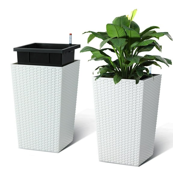 ChaoLink Blumentopf 2er Set, 41cm Polyrattan Pflanzgefäße, Blumenkübel mit Tabletts, Wasserstandsanzeige & Rädern