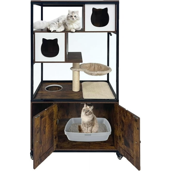 ChaoLink Cat Tree with Litter Box Furniture – Wooden & Metal Frame Enclosure with Hammock, Scratching Mat & Post, On Wheels for Hidden Cat Washroom