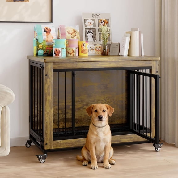 ChaoLink Crate Furniture Three-Door Design with Wheels Perfect for to 38.6-Inch Wooden For Dog Small Medium Dogs