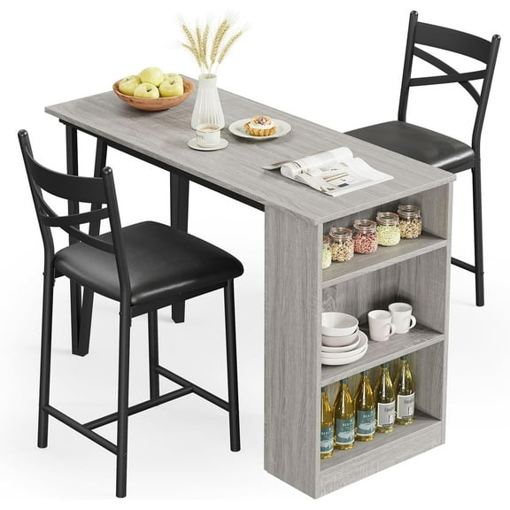 ChaoLink Dining Table Set of 2, Kitchen Bar Table and Chairs , Counter Bar Table Set with 3 Storage with 2 Upholstered ChairsGray