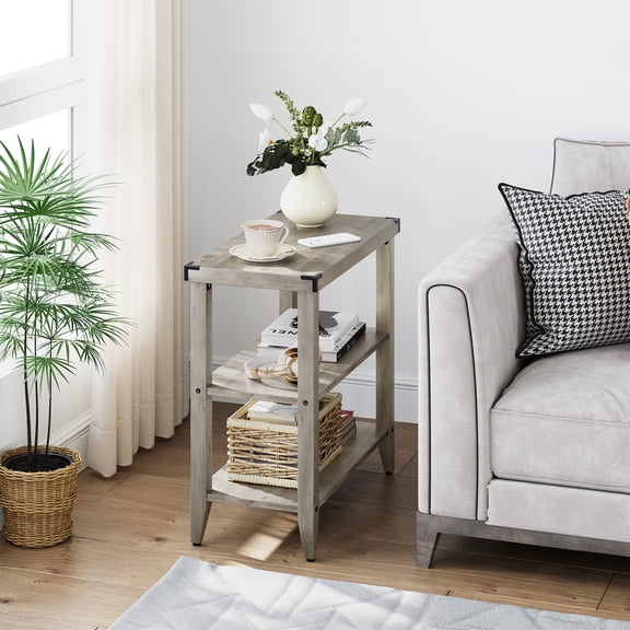 ChaoLink Farmhouse End Table Rustic Side Table with Storage Shelf for Small Spaces Grey Bedside Table Narrow Nightstand for Living Room, Bedroom (Grey, 2PCS)Grey