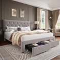 thumbnail image 1 of ChaoLink Full Bed Frame with 2 Storage Drawers, Vintage Velvet Upholstered Bedframe with Wooden Slat Support and Button Tufted Wingback Headboard, No Box Spring Needed, Noise Free, Beige, 1 of 6