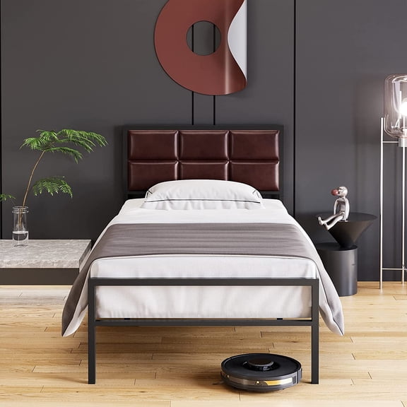 ChaoLink Full Bed Frame, Faux Leather Platform Bed Frame with Upholstered Square Stitched Headboard, Metal Frame with Steel Slat Support, Box Spring Optional, Easy Assembly - Red Brown
