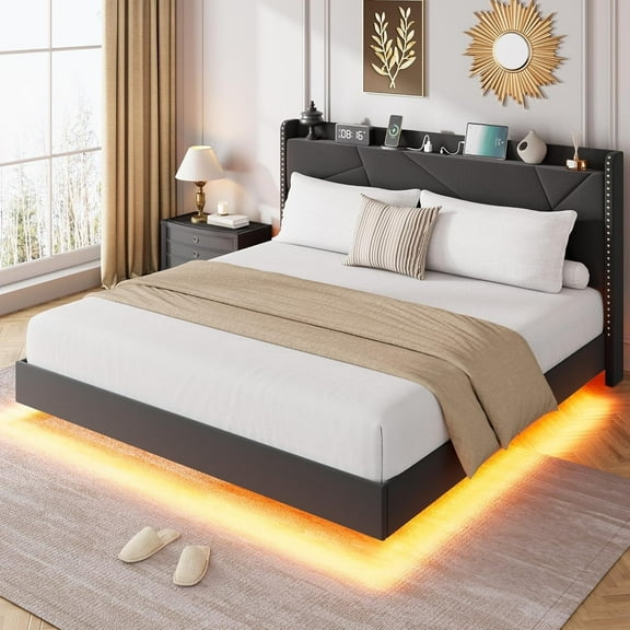 ChaoLink Full Bed Frame Floating Bed Frame with RGB LED Lights & Charging Station - Upholstered Suspended Bed, Storage Headboard, No Box Spring Needed, Black