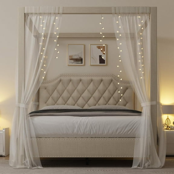ChaoLink Full Bed Frame Upholstered Canopy Bed Frame with headboard, Button Tufted, Nailhead Trim Design, No Box Spring Required, Beige