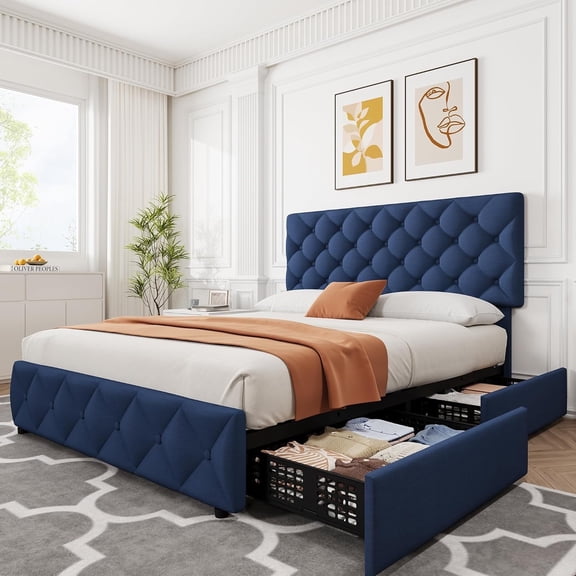 ChaoLink Full Bed Frame, with 4 Storage Drawers & Adjustable Headboard, Blue
