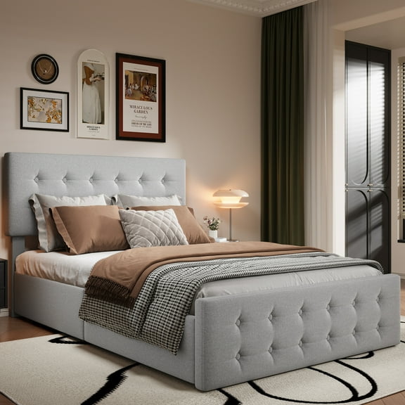 ChaoLink Full / Double Bed Frame 78 in x 55.1 in Upholstered Platform Bed with 4 Storage Drawers, Diamond Stitched Headboard, Sturdy Wood Slats – No Box Spring Needed