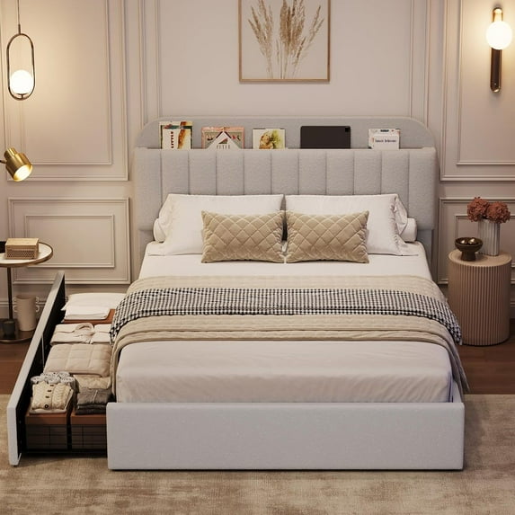 ChaoLink Full / Double Bed Frame for Kids, Upholstered Platform Bed with 2 Large Storage Drawer and Bookcase Headboard, Noise-Free, Easy Assembly, No Box Spring Needed