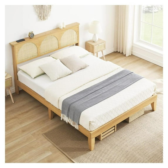 ChaoLink Full / Double Bed Frame Rattan Bed Frame with Natural Rattan Headboard, Bed Frame with LED Lights, Platform Bed Frame with Headboard, No Box Spring Needed